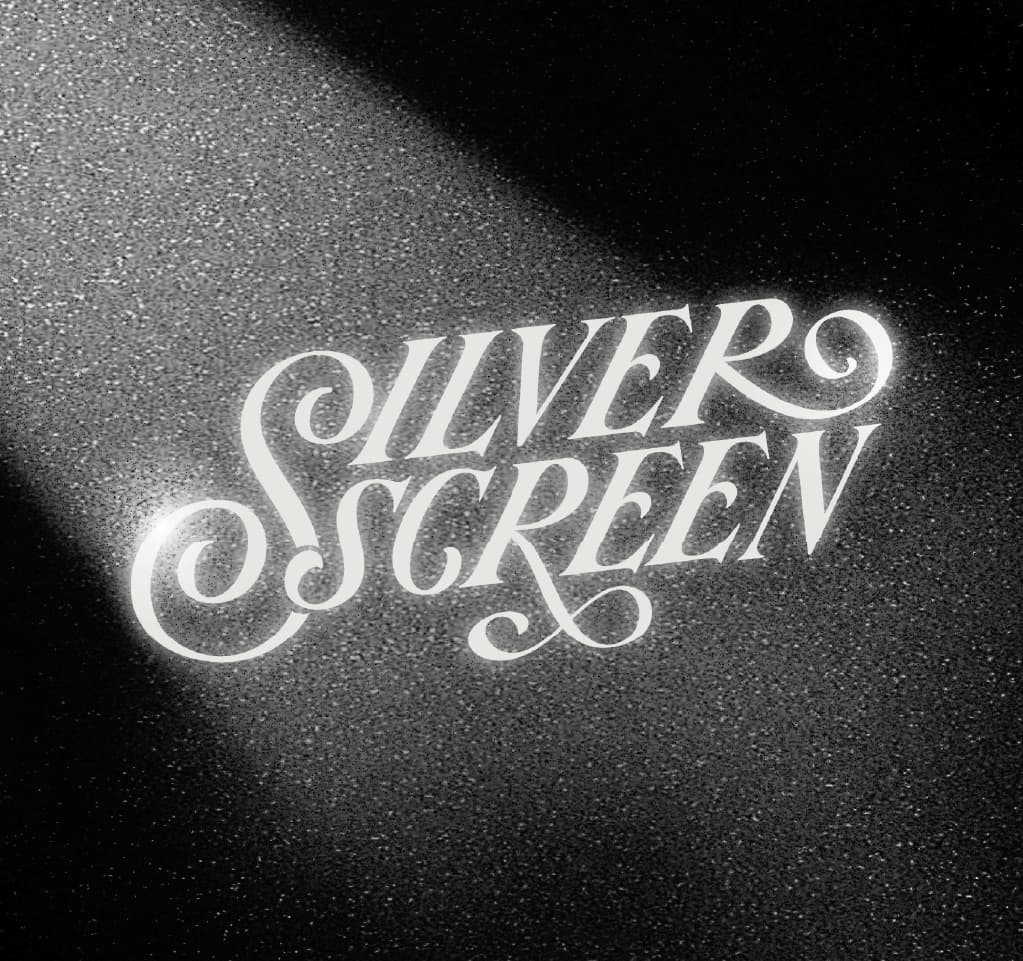 A black and white graphic that says silver screen in script font
