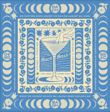 Blue and white graphic with woman's legs dangling out of martini glass